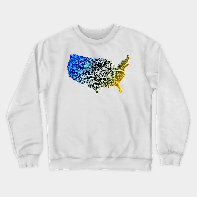 Colorful mandala art map of the United States of America in high contrast dark blue and dark yellow Crewneck Sweatshirt by Happy Citizen